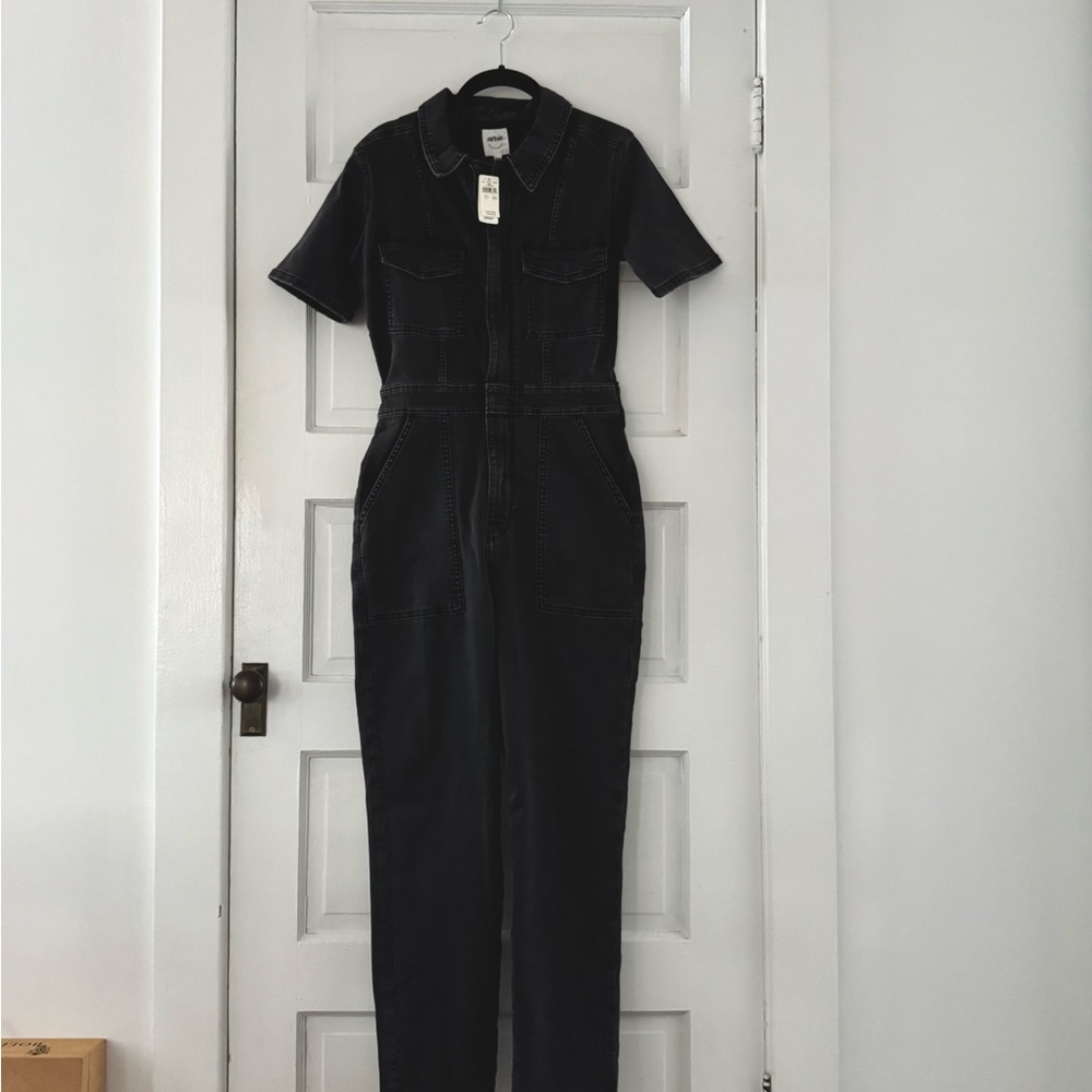 Aerie Short Sleeved Boiler Suit Black Denim Jumpsuit